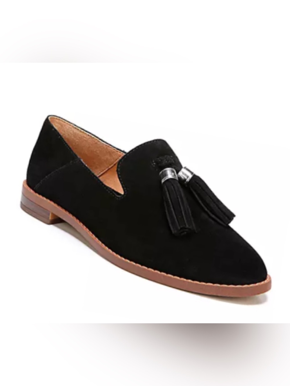 Franco Sarto Hadden Black Suede Tassel Loafers with Silver Accents